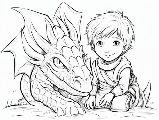 Dragon coloring pages, pictorial storytelling style, lively and energetic