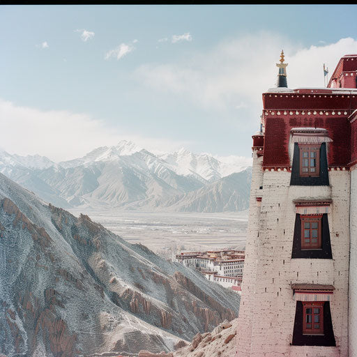Potala Palace in Tibet, aerial view with snowcapped mountains