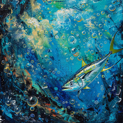 Yellowfin tuna swimming in bubbles from underwater geothermal vents