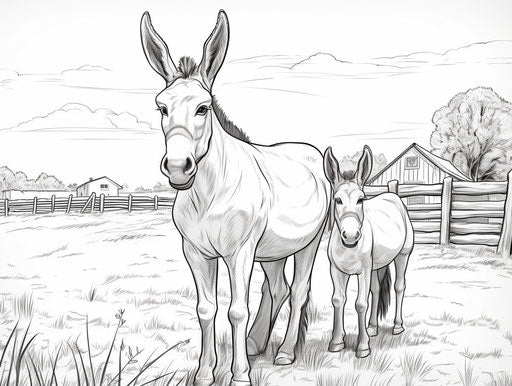 Donkey and calf coloring page, political satire style, subtle coloring 4:3