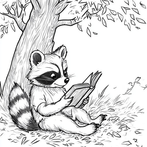 Raccoon reading a book under a tree, Andy Marlette style