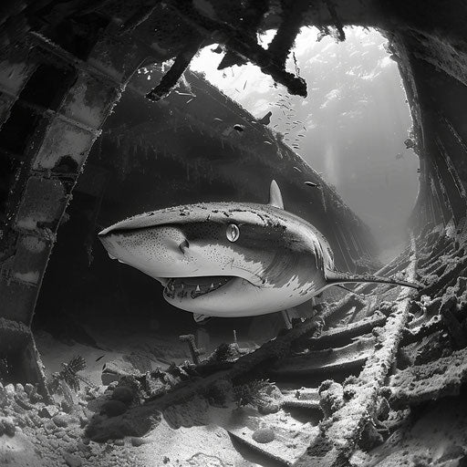 Tiger shark navigating in a sunken shipwreck