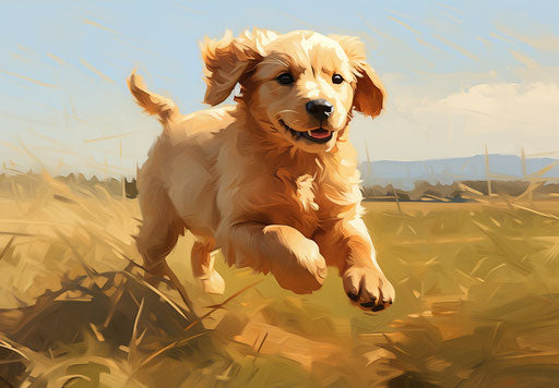 Brown golden retriever puppy running in a field