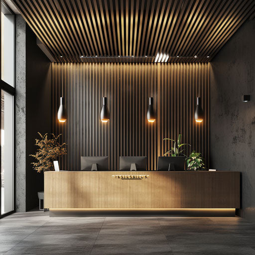 Modern tech company reception, friendly receptionist and sleek decor