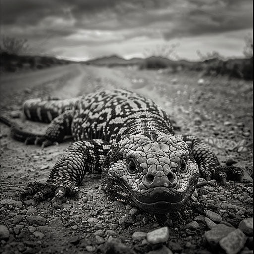 Gila monster in a dramatic monochrome desert