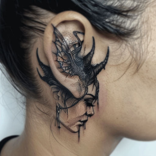 Ear tattoos in the style of Gerald Brom with dark fairies