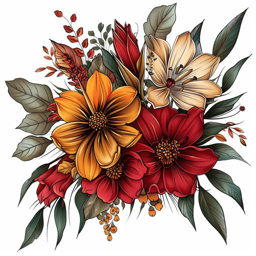 Flat tattoo sketch of exotic bouquet in striking colors