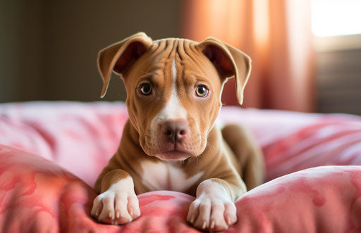 A brown and white pit bull is sitting on a bed, babycore 17:11