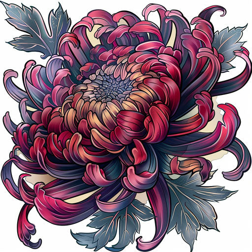 Neo-traditional tattoo design of a chrysanthemum with rich colors on white background