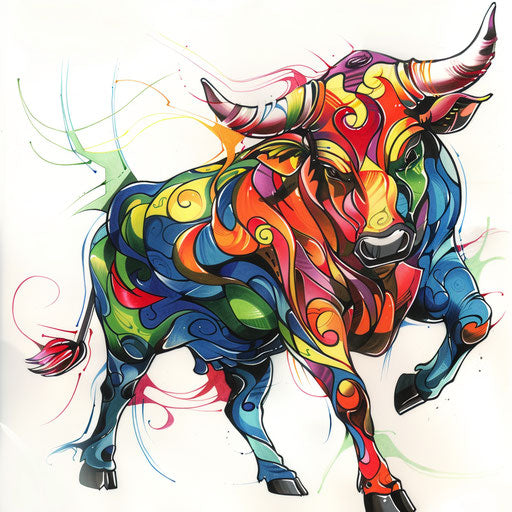 Playful and colorful cartoonish bull tattoo drawing