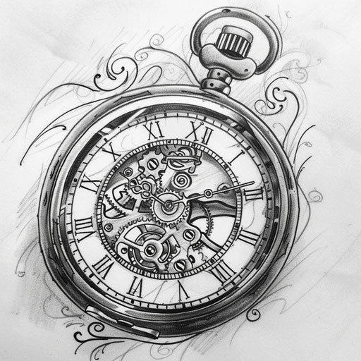 Sketch of a vintage pocket watch tattoo with gears and filigree, clipart style, flat black ink