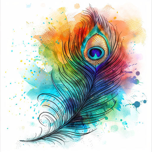 Vibrant peacock feather tattoo sketch in bold colors with watercolor background effect