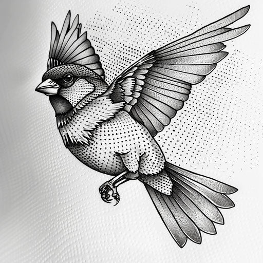 Dotwork sparrow tattoo design on white background
