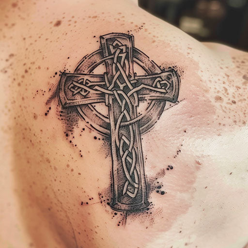 Aged bronze Celtic cross on white canvas