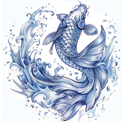 Sketch of koi fish swimming, vivid clipart style, blue and white hues