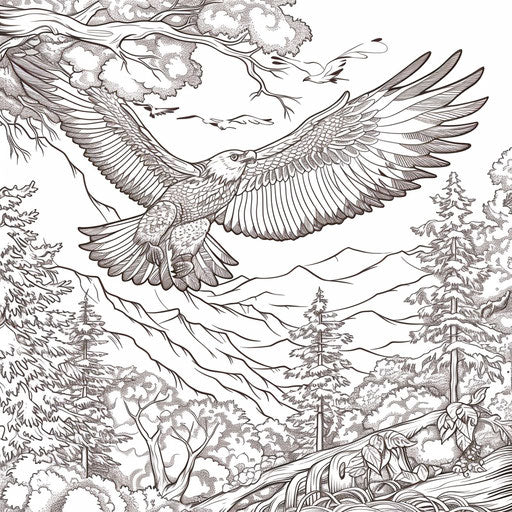 Eagle flying over a dense forest with trees and wildlife