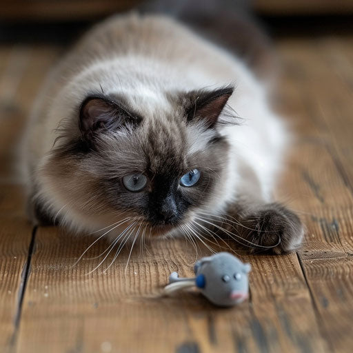 Himalayan cat playing with toy mouse on wooden floor