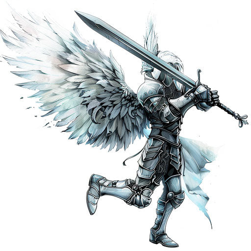 Guardian angel in battle armor with sword, majestic wings on white