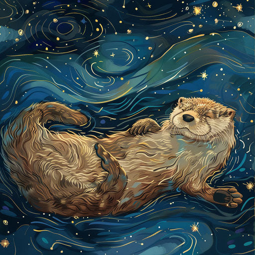 Peaceful otter falling asleep under a starry sky