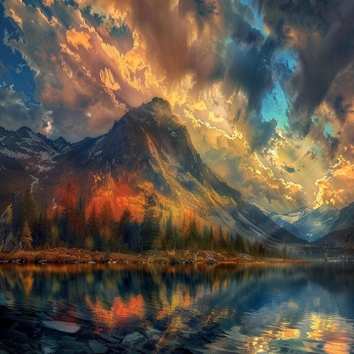 Cascading mountain with dramatic clouds and rich hues