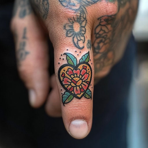 Heart tattoo on finger with traditional shading