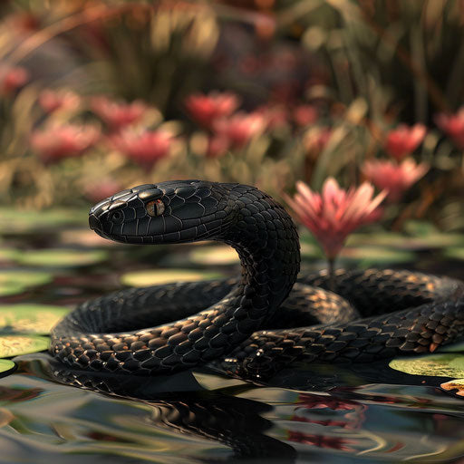 Black mamba snake near a serene pond