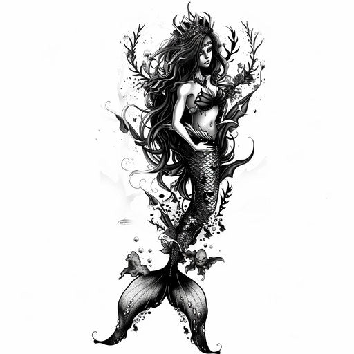Dark and mysterious gothic mermaid tattoo design with deep sea elements on white background
