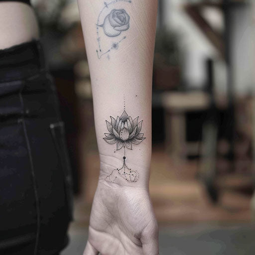 Lotus wrist tattoo in the style of J.P. Targete