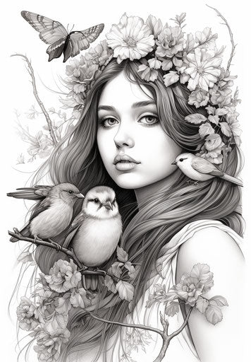 Fairy bird coloring princess and butterflies