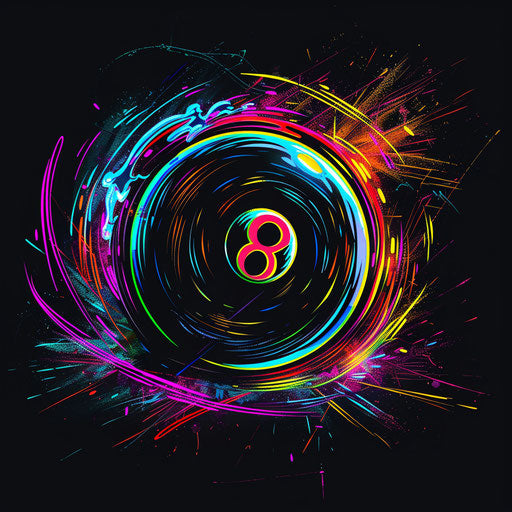 Vibrant 8 ball tattoo in neon on dark canvas
