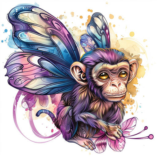 Monkey with butterfly wings, fantasy tattoo design in pastel colors on white background