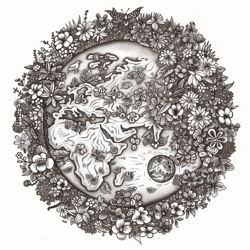 Earth with artistic floral patterns. Coloring book page