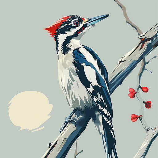 Woodpecker clipart in photo realistic style with a flat random background, vintage filter and delicate lines