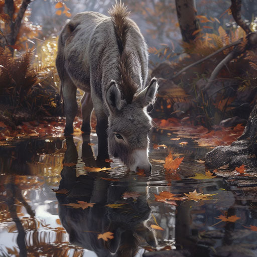 Donkey drinking from a tranquil pond with autumn leaves