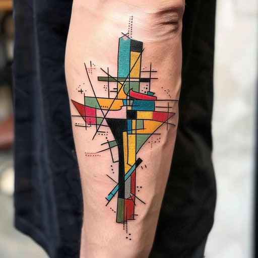 Abstract cross with fragmented colorful shapes