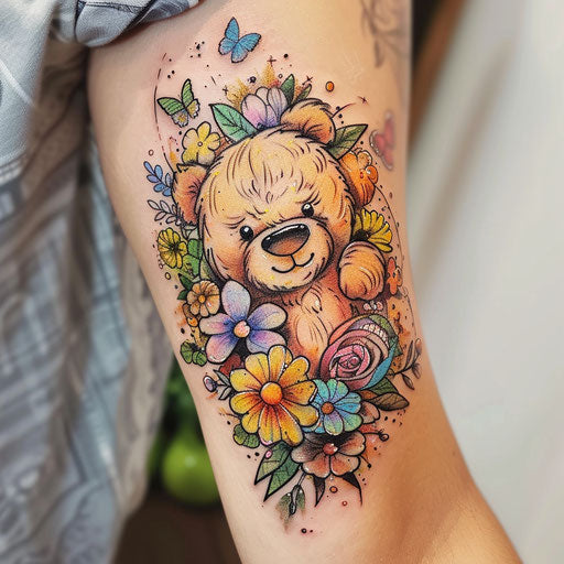 Teddy bear tattoo with nature elements on white background