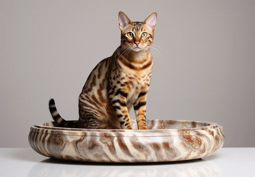 Bengal cat sitting on a white table