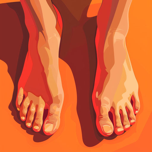 Realistic toes on a flat, sunset orange background