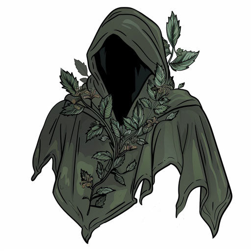 Hood with leaf and vine embroidery in earthy greens