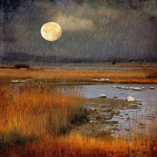 Dark night with a full moon and rain over the landscape