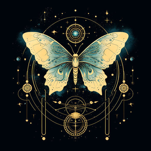 The moon on the wings of a butterfly with the stars around it, organic and geometric shapes