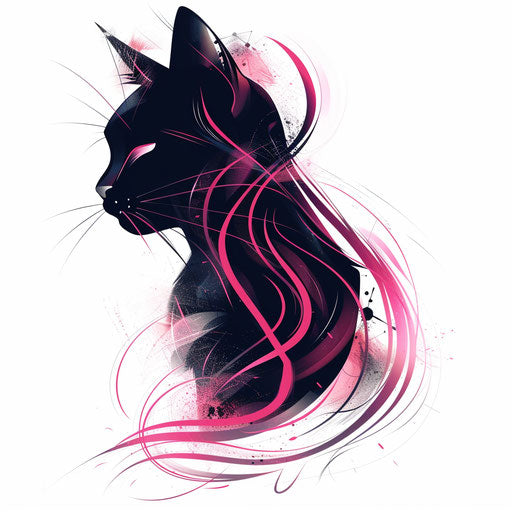 Cat silhouette with pink ribbon, white tattoo