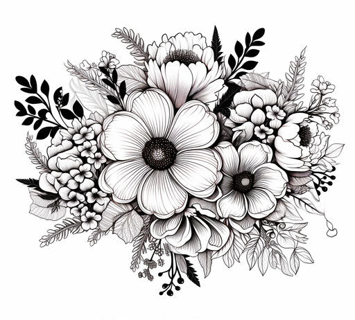 Black and white floral illustration, meticulous inking style