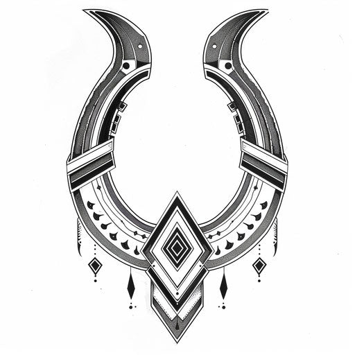 Minimalist black and white horseshoe tattoo sketch with geometric patterns