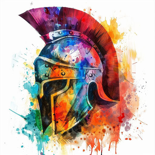 Vibrant Spartan helmet with abstract splashes of color