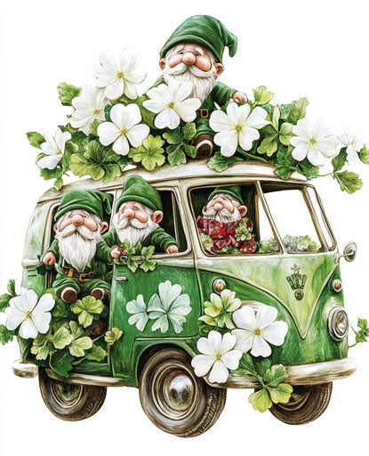 St. Patrick's Day gnomes driving a green van with white flowers