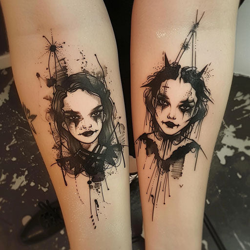 Sibling tattoos in the style of Gerald Brom with dark, gothic symbols