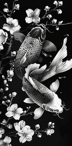 Chinese fish in black and white, birds & flowers style
