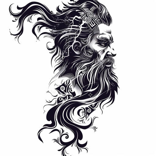 Stylized Zeus with lightning bolt, Greek motifs, ideal arm sleeve