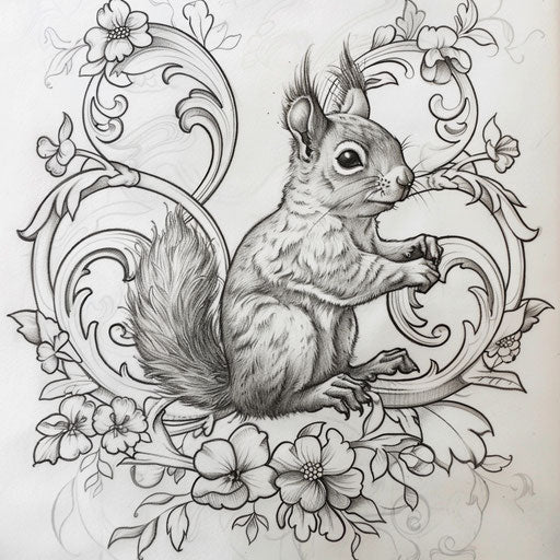Elegant flat tattoo sketch of a squirrel on an ornate floral branch